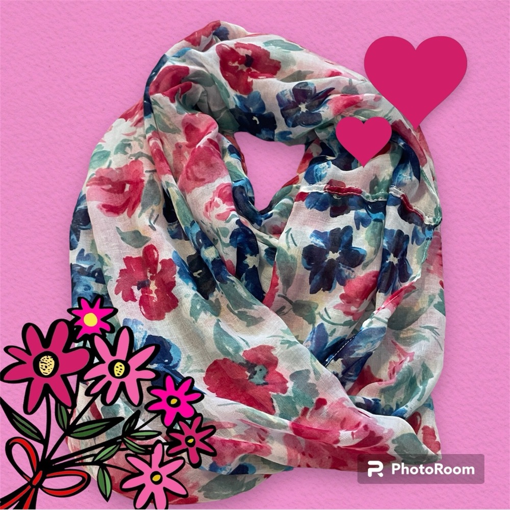 EUC. Women’s Pink, Blue, White and Green Floral Infinity Scarf.